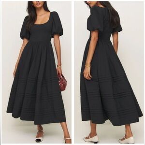 reformation everlyn puff sleeve tiered midi full skirt dress in black cotton